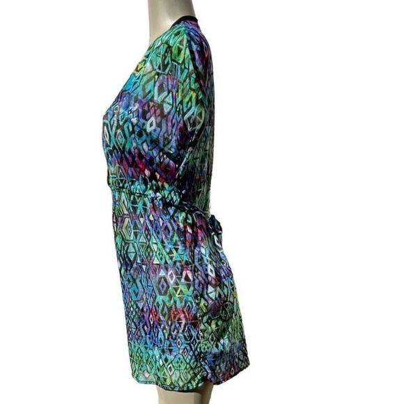 Profile Size Medium Purple Blue Abstract Print Semi-Sheer Boho Cover-Up Dress - Picture 8 of 9